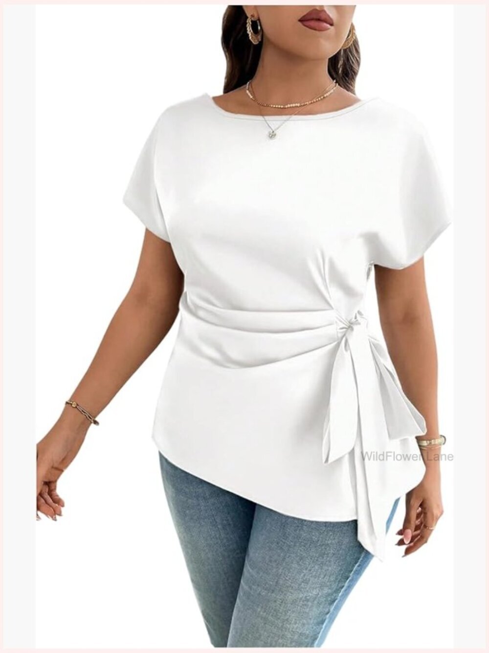 Plus Size Asymmetrical Pleated Blouse Short Sleeve Belted Top